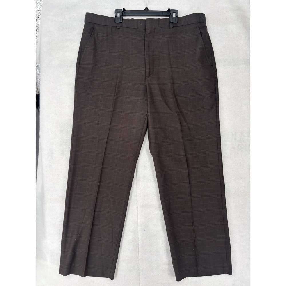 Perry Ellis Portfolio Mens Dress Pants 36x29 Flat Front Brown Windowpane Office